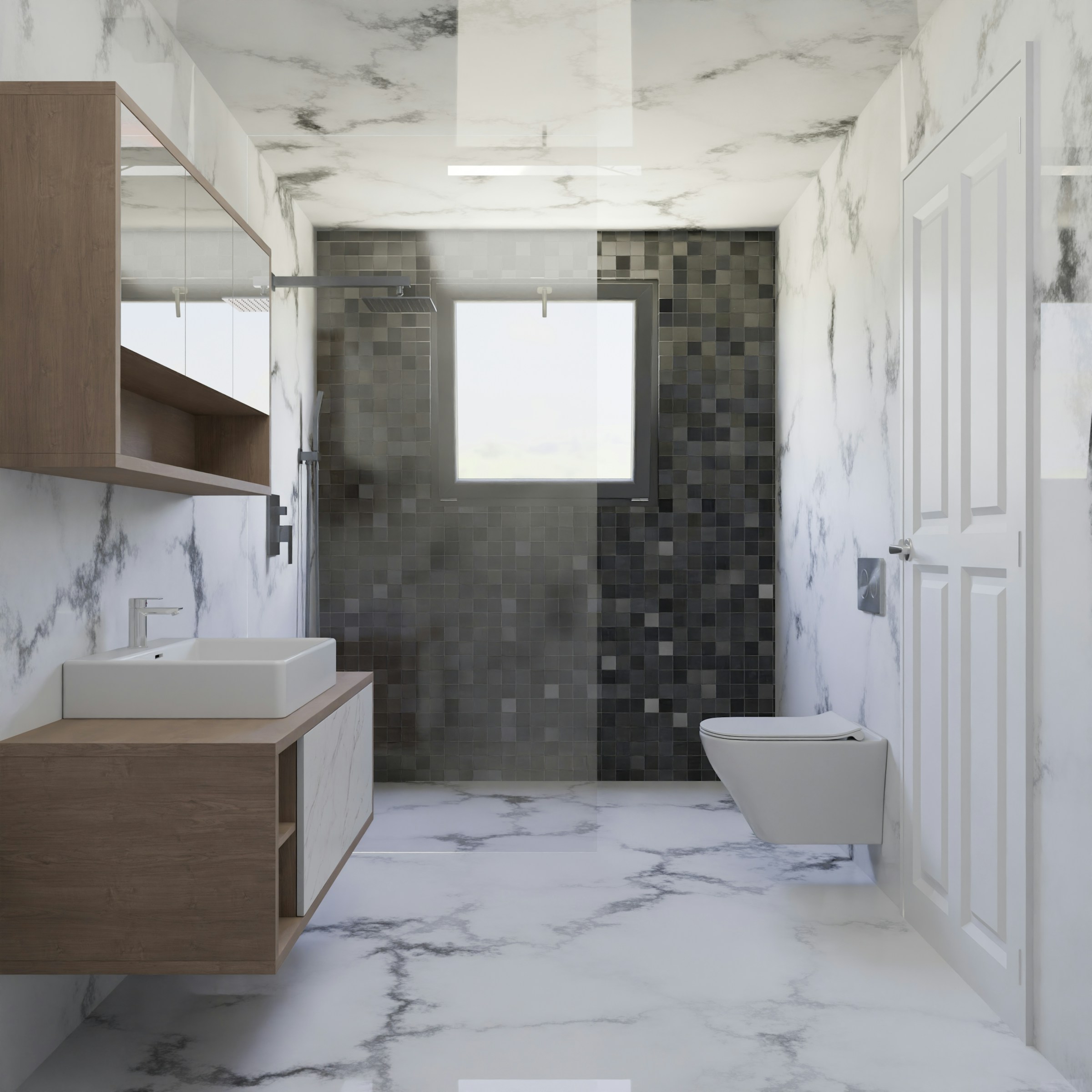 Modern bathroom with marble walls and a wood vanity