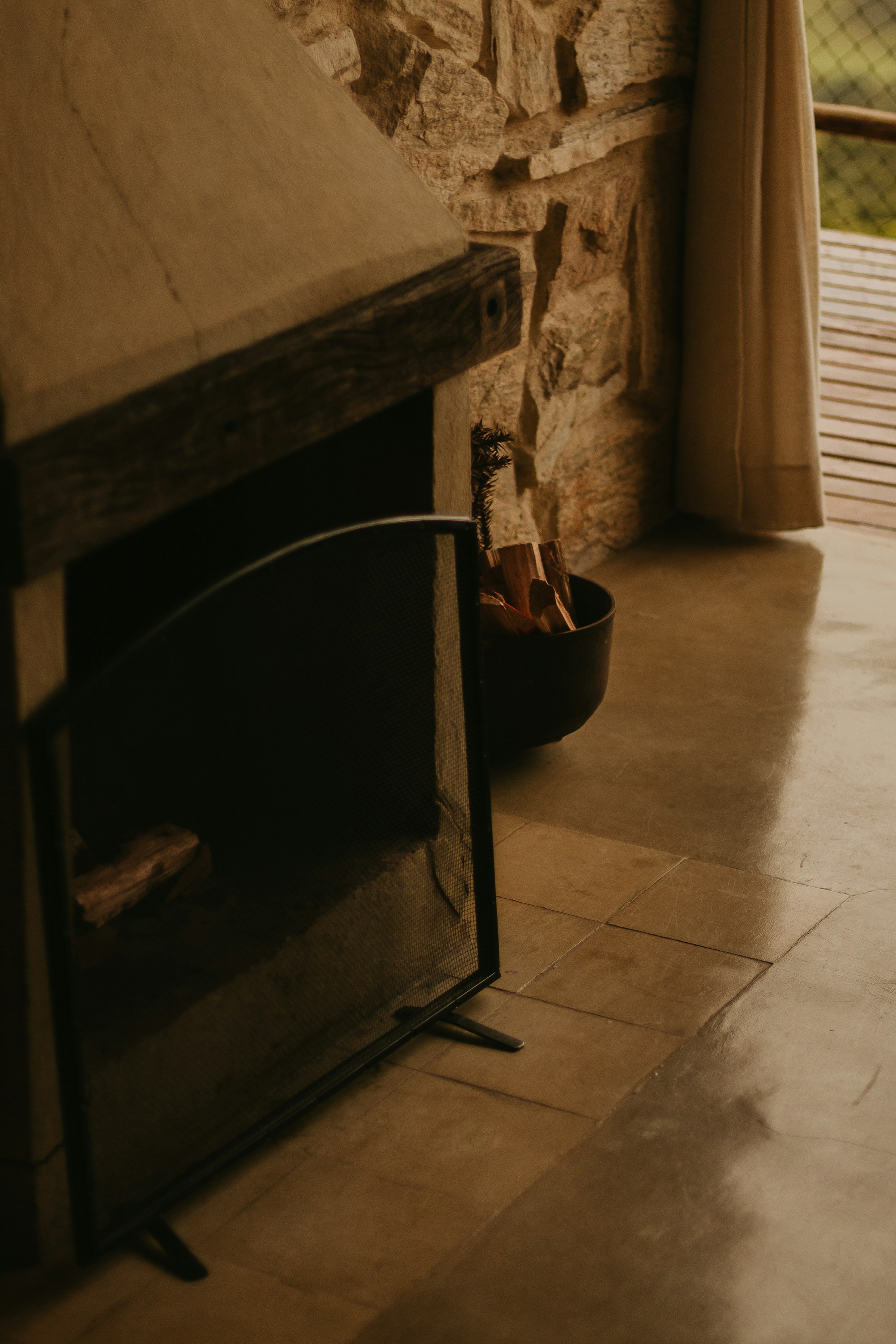 Interior stone fireplace wall